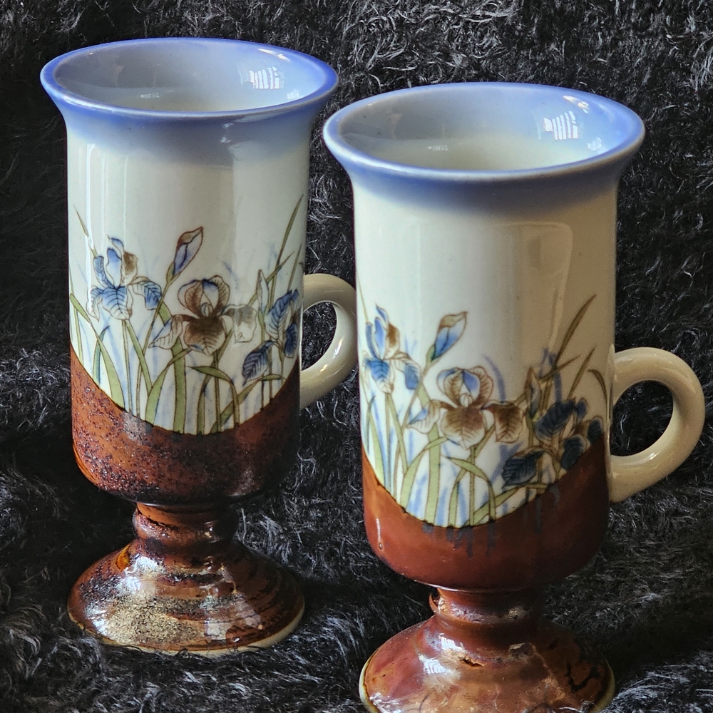 Vintage Pair Otagiri Japan Ceramic Brown Floral Footed Coffee Mug